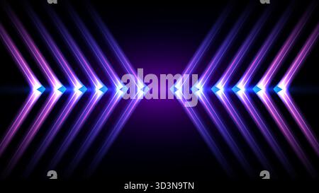 abstract digital background. Glowing purple and blue neon light streaks opposing arrow shape on dark backdrop. modern technology, high speed data, or Stock Vector