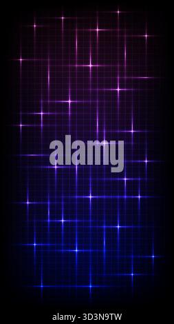 abstract futuristic glowing background. dark template neon grid transitioning from magenta to electric blue, bright star flares for dynamic cyberpunk Stock Vector