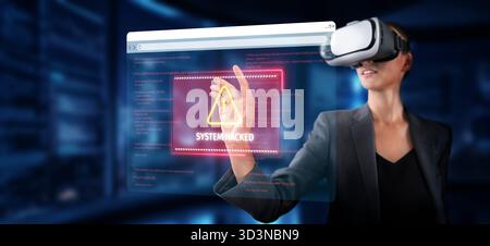 A professional woman in a VR headset interacts with a digital screen displaying a cyber attack warning, emphasizing the importance of security in Stock Photo