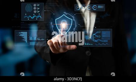 A futuristic cybersecurity dashboard for a Security Operations Center (SOC). The system monitors the network, analyzes data for threats, and provides Stock Photo