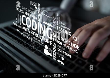 A creative representation of coding and programming with a hand typing on a keyboard surrounded by essential technical terms. Ideal for technology and Stock Photo