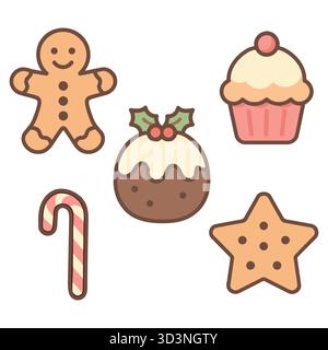 Cute Christmas Cookie and Candy Vector Set – Gingerbread Man, Cupcake, Pudding, Candy Cane, Star Cookie Stock Vector