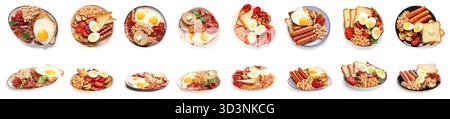 Set of tasty English breakfasts on white background Stock Photo