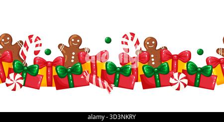 Playful seamless border featuring gingerbread cookies, wrapped gifts and striped candies in red and green. This cheerful holiday pattern is perfect fo Stock Vector