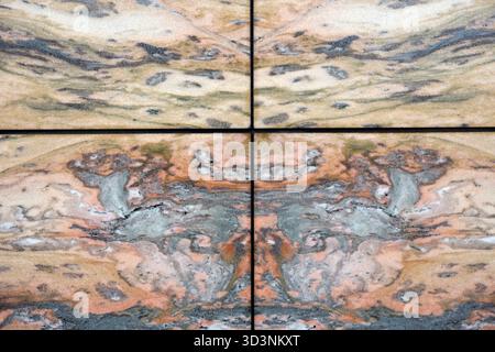 Mirrored slabs of  pink and white marble from the Appalachian Mountains on the north wall of the Earth Sciences Building, UBC, Vancouver, BC, Canada Stock Photo