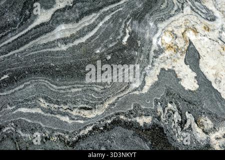 Close-up of a slab of dark colored Gneiss, a metamorphic rock, showing banding and folding Stock Photo