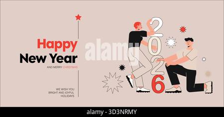 Happy New Year 2026 greeting banner with gold page peel effect and silver 3D numbers on red and golden gradient background, elegant festive celebratio Stock Vector