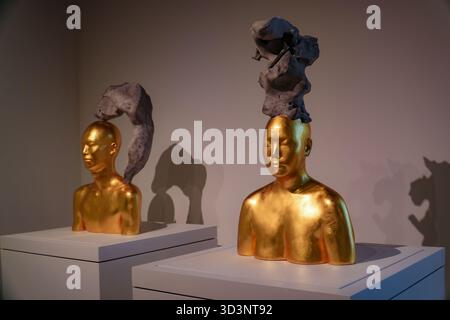 Ah Xian figurative sculptures featuring two golden human busts with unique grey abstract elements emerging from their heads, displayed in a museum set Stock Photo