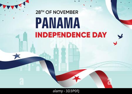 Panama Flag Waving On Skyline Background. Independence Day Concept Design Vector Illustration. Stock Vector