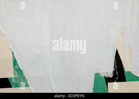 Old blank colorful ripped torn grunge posters backgrounds creased crumpled paper backdrop surface placard empty space for text Stock Photo