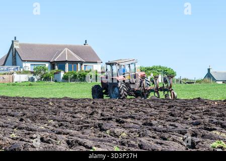 Dunnet, Scotland, UK - May 16, 2024: A tractor ploughs the land in the village of Dunnet in the northern Scottish Highlands, Caithness, Scotland, Unit Stock Photo