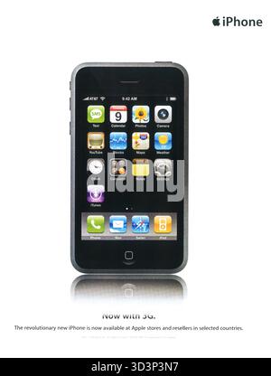 2008 Apple iPhone 3G ad  "The revolutionary new iPhone is now available at Apple stores and resellers in selected countries" Stock Photo