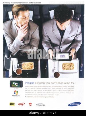 2007 Samsung Q1 Ultra ad, ultra-mobile PCs (UMPCs) or small laptops with attached keyboards, "Laptop you don't need a lap for" Stock Photo