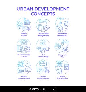Urbanization blue gradient concept icons Stock Vector