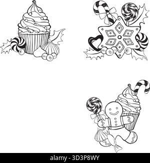 The star-shaped gingerbread is decorated with lollipops, candies, berries and holly leaves. Vector black and white illustration hand drawn with ink Stock Vector