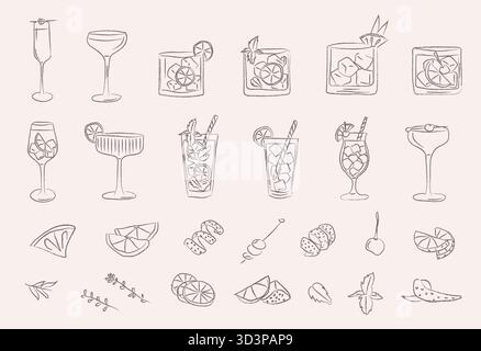 Retro cocktail doodle set with hand drawn garnish, classic drinks and vintage bar glass icons. Whimsical vector illustration for kitchen decor, party Stock Vector