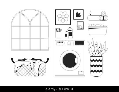 Laundry room essentials 2D line objects set Stock Vector