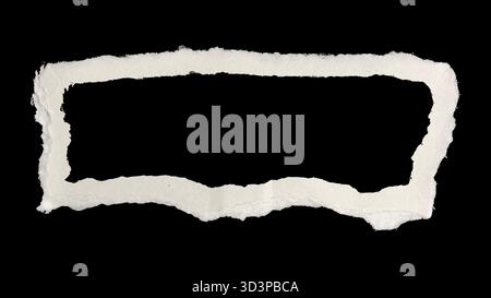 Isolated horizontal paper frame on black background. Frame of textured cream-colored paper that has been ripped or torn to create rough uneven and org Stock Photo