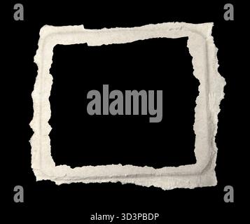 Isolated horizontal paper frame on black background. Frame of textured cream-colored paper that has been ripped or torn to create rough uneven and org Stock Photo