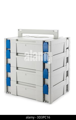 Modular Plastic Storage Drawers Stack With Blue Tabs For Office Garage And Workshop Organization Stock Photo