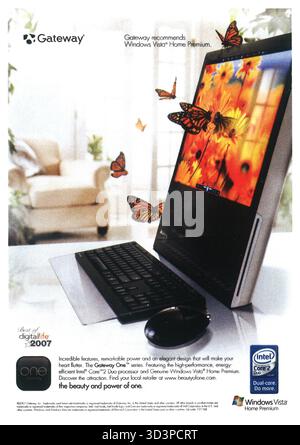 2008 Gateway One all-in-one desktop computer ad featuring Intel Core 2 Duo processor, Windows Vista Home Premium. Stock Photo