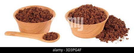 Dark muscovado sugar or Barbados sugar in wooden bowl isolated on white background Stock Photo