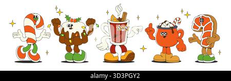 Groovy Christmas characters set isolated on white. Vector cartoon illustration of retro xmas stickers with happy candy cane, sweet cake, hot drink, gingerbread mascots, smiling winter holiday symbols Stock Vector