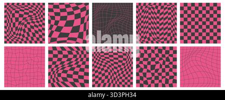 Psychedelic distorted checkered patterns set. Vector illustration of black and pink wavy squares, seamless trippy checkerboard background, abstract y2k geometric backdrop, hypnotic optical illusion Stock Vector
