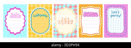 Scallop invitation templates with wavy frames and decorative borders on colorful patterned backgrounds. Cheerful kids party cards with playful shapes, blank lines, edgy designs in pastel colors. Stock Vector