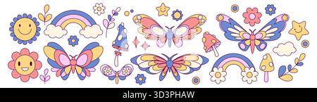 Groovy butterflies and flowers on white background. Vector cartoon illustration of retro style color mushrooms, smiling daisies, rainbows, clouds and stars, psychedelic garden design, floral pattern Stock Vector