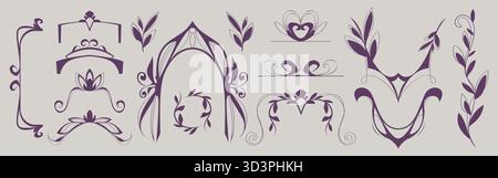 Art nouveau frame border ornament set in vintage floral style - purple decorative corner, divider and header elements. Elegant curvy botanical motifs with leaves, swirls for classic design composition Stock Vector