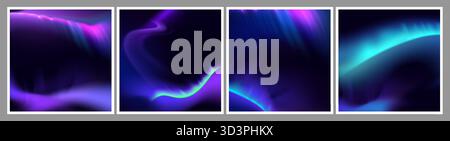 Aurora borealis gradient background set with northern light in abstract fluid waves. Vibrant teal, purple and pink glow with dynamic energy flow for modern digital wallpaper or poster designs. Stock Vector