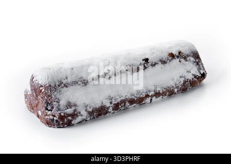 Traditional Christmas Stollen with Raisins and Powdered Sugar isolated on white backgrund Stock Photo