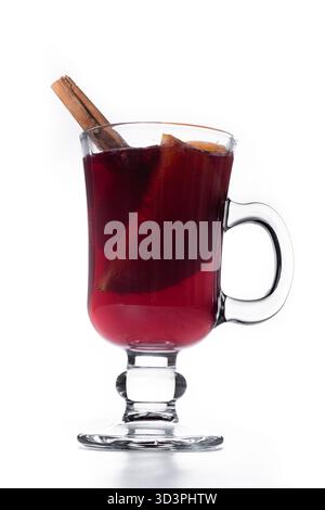 Mulled Wine with Orange and Cinnamon Sticks and Christmas decoration isolated on white background Stock Photo