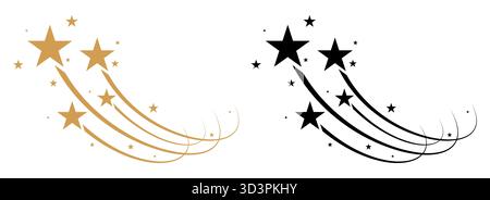 Falling star icons on isolated background. Black and gold shooting star icons. Stock Vector
