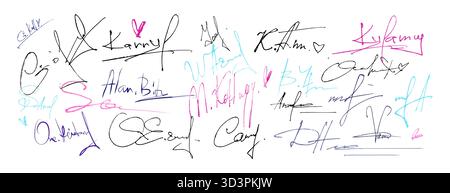 Collection of hand drawn fake signature samples with colorful ink for document design. Blue, pink and black scripted autographs and cursive names. Decorative penmanship examples for business branding. Stock Vector