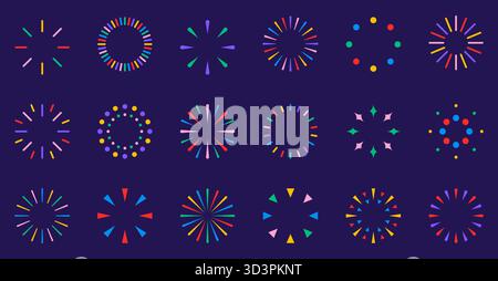 Colorful fireworks vector symbols set isolated on dark blue background. Collection of graphic bursts for celebration illustration, New Year card, part Stock Vector