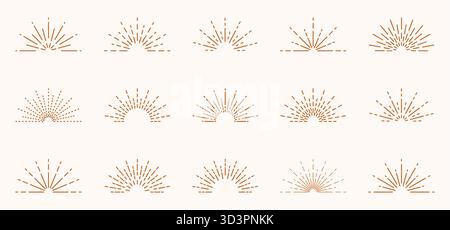 Boho sunrise set, sunset icons, sunburst vector symbol, sunbeam or sun rays collection Stock Vector