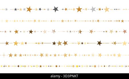 Collection of gold stars border. Star divider vector set on isolated background. Horizontal shine sparkle banners for Christmas greeting card, invitat Stock Vector