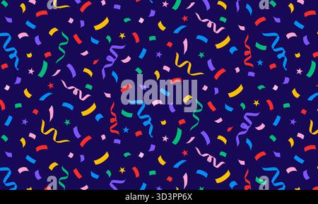 Confetti background. Colorful serpentine streamer, ribbons and stars falling on blue background. Celebration seamless pattern Stock Vector
