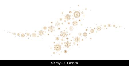 Gold snowflakes border. Wave pattern with snowflakes and star icons on isolated background. Christmas vector divider or banner Stock Vector