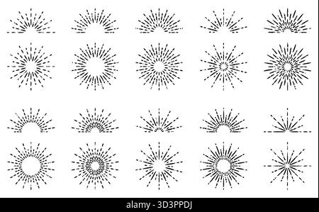 Hand drawn sunburst set, doodle style sun beam icons, grunge sunrise or sunset vector symbols, sun rays collection Stock Vector