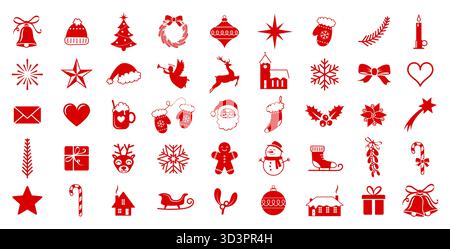 Christmas vector icons collection, red holidays decorations symbols set on isolated background: Santa Claus, snowman, gingerbread, reindeer, Christmas Stock Vector