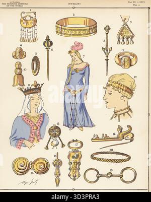 Gallic women's jewelry. Gold earring 1, gold bracelet 2, triangular earring 3, knight's lady's ring 4,5, hairpins 6,8, noble Gaul 7, royal seal of Childeric 9, bee brooch 10,11, diadem with gold beads 12, ear pendants 13,16, sphinx brooch 14, belt clasp 15,19, gilded clasp 17, twisted gold bracelet 18. Hand-coloured pochoir (stencil) lithograph by Roger Scuty from Paul Louis de Giafferri's History of Feminine Costume of the World, Foreign Publications, New York, 1927. Stock Photo