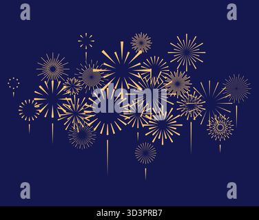 Fireworks display vector graphic icon on blue background. Gold fireworks bursts isolated for holiday, celebration, New Year illustration, card, poster Stock Vector