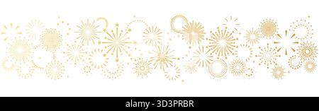Fireworks border on isolated background. Gold fireworks and stars vector icons. Holiday banner, New Year horizontal pattern Stock Vector