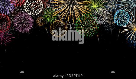 Colorful fireworks vector background with copy space for text. New Year celebration background with colored pyrotechnics in dark night sky Stock Vector