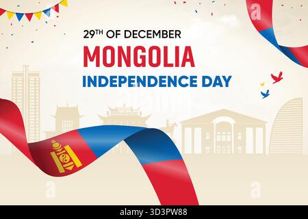 Mongolia Flag Waving On Skyline Background. Independence Day Concept Design Vector Illustration. Stock Vector