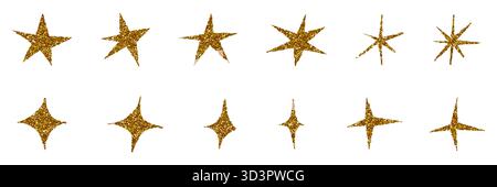 Gold glitter star vector icons set, grunge hand drawn stars ans sparkles shiny symbols collection Stock Vector
