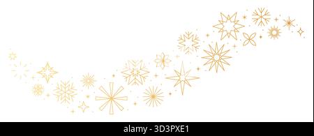 Gold Christmas border with snowflakes, stars and fireworks geometric line icons on isolated background, holidays wave pattern with golden decorations Stock Vector